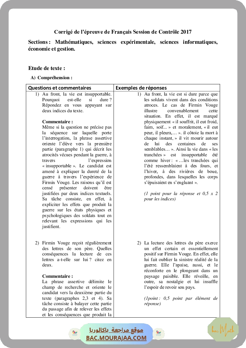 Corrigé controle francais Bac 2017 – Section math